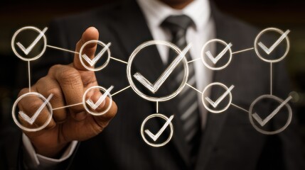Businessman interacting with a digital interface displaying a network of checkmarks.