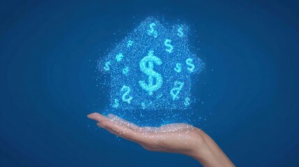 Digital House Icon with Dollar Signs Floating Above Hand.