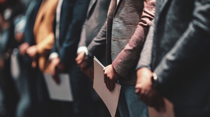 A line of business people holding documents at a conference.