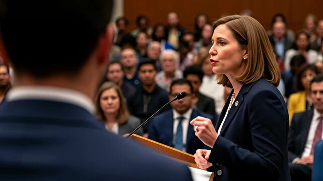 Female Speaker Addressing Audience at Congressional Hearing with Diverse Attendees Present in Legislative Chamber