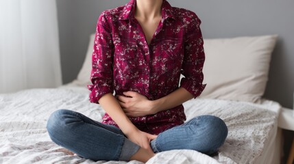 Woman experiencing abdominal pain while sitting on bed.