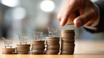 Rising Shopping Costs - Hand Placing Coin on Stack with Carts.