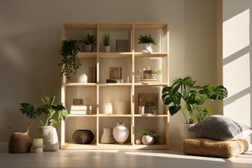 Cozy Living Room Shelf Display with Plants and Decor.