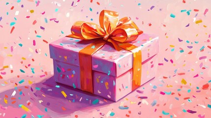 A beautifully wrapped gift box adorned with a ribbon and surrounded by festive confetti, symbolizing celebration and special occasions