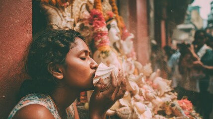 Devotion in India - A Womans Tender Kiss to a Sacred Statue.