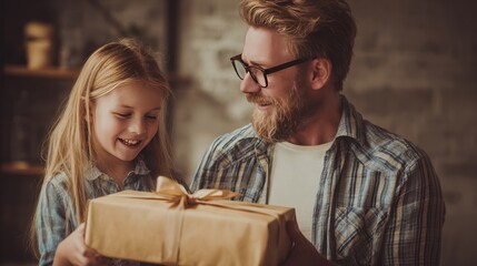 A heartwarming moment - Father and daughter sharing a gift.