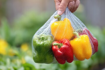 Freshly Harvested Bell Peppers in a Mesh Bag Held by Hand.