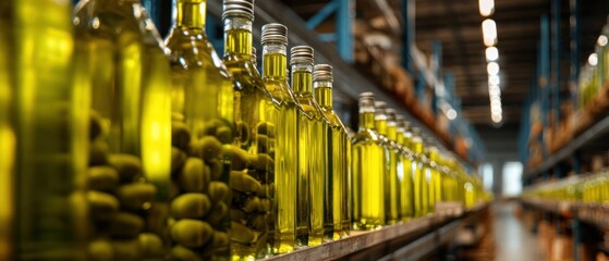 Rows of Olive Oil Bottles on Store Shelves with Olives in the Foreground.