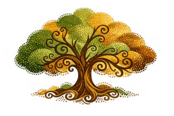 Tree of life illustration with intricate spiral branches and colorful leaves symbolizing growth, nature, and spirituality