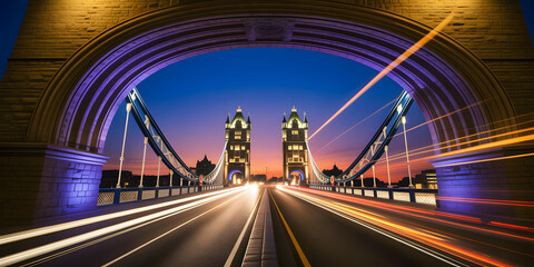 Fototapeta premium Tower Bridge London Cityscape Illustration at Dusk with Dramatic Lighting and Vibrant Traffic Motion Trails