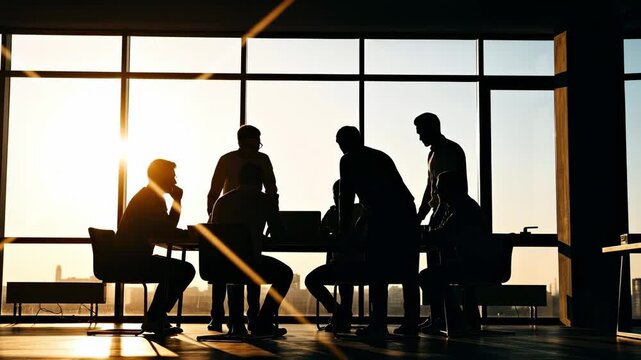 Group of Young Adults Collaborating in a Modern Office During Sunset