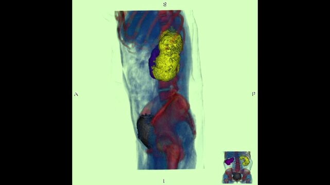3D CT scan visualization of the urinary system showing kidneys, ureters, bladder, and ureteral stent placement for management of large kidney stones, used in diagnostic imaging and urology procedures