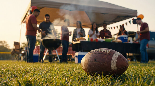 Big Game Party Football on Grass Outdoor Tailgate Gathering Tent Background for Sports Magazine Event Promotion Outdoor Recreation Marketing