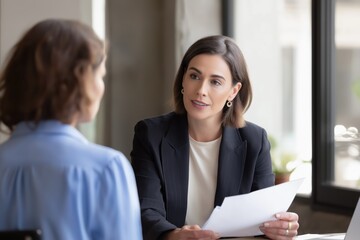 Professional Female Consultant Reviewing Documents During Client Meeting in Modern Office