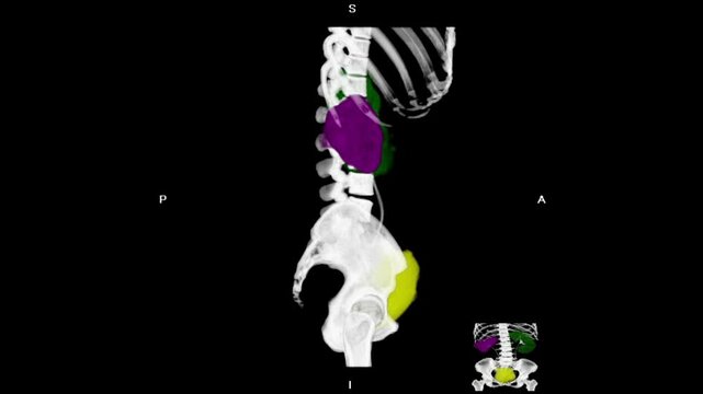 3D CT scan visualization of the urinary system showing kidneys, ureters, bladder, and ureteral stent placement for management of large kidney stones, used in diagnostic imaging and urology procedures