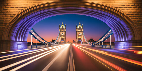 Fototapeta premium Tower Bridge London Cityscape Illustration with Vibrant Lighting Effects and Dynamic Traffic Motion at Dusk Scene