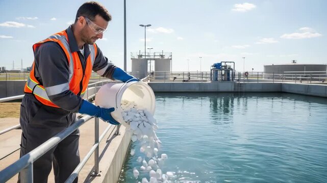 Medium shot of a worker adding chlorine tablets to a water reservoir for effective chlorination and pathogen control.