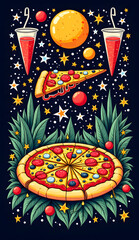 A cartoon pizza with a missing slice, surrounded by stars and greenery.