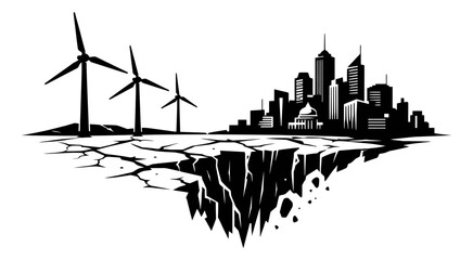 Obraz premium Graphic style illustration of wind turbines and a city depicting environmental degradation for climate crisis awareness
