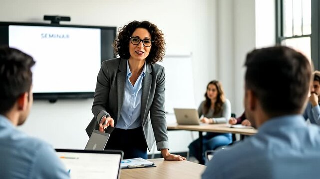 Professional Female Educator Leading a Business Presentation Workshop in Modern Classroom