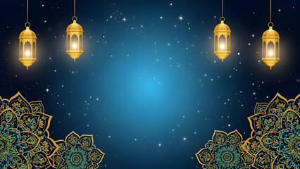 Dreamy Starry Night Sky Background with Golden Hanging Islamic Lanterns and Ornate Mandala Patterns for Festive Celebrations