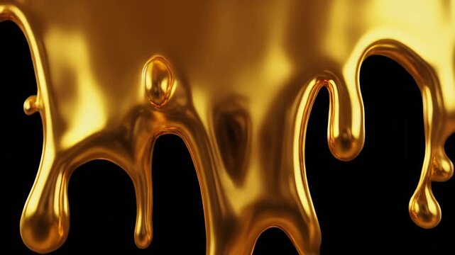Liquid Gold Drips on Black Background Shiny Metallic Surface Texture