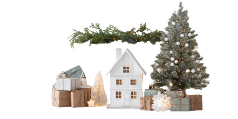 A Festive Christmas Holiday Scene with a Miniature White House, a Flocked Tree with Lights and Presents Isolated on a Transparent Background