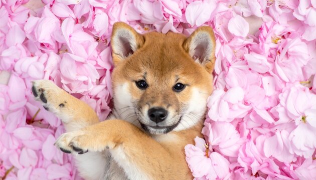 桜の花びらに埋もれて見上げている犬2
