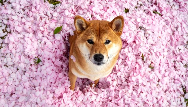 桜の花びらに埋もれて見上げている犬1