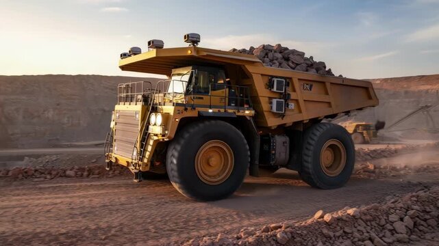 Medium shot of autonomous haul truck navigating rocky terrain with precision showcasing advanced robotic mining technology and efficient material transport.