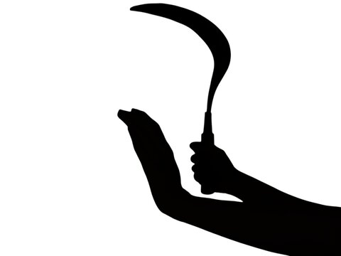 A silhouette of a criminal holding a sharp sickle (clurit) threatens a victim who raises his hands in self-defense. Concept of robbery, street crime, violence, assault, mugging on white background