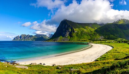 A scenic coastal view showcasing a sandy beach, turquoise waters, lush green hills, and jagged mountain range under a bright blue sky