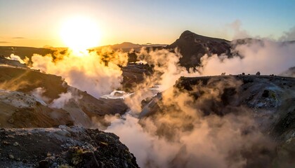 Obraz premium A scenic sunrise bathes a geothermal valley in warm hues, with rising steam obscuring the rugged terrain