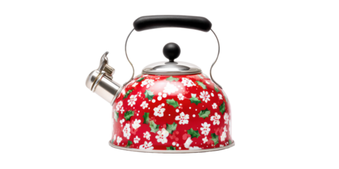 Shiny Red Metal Whistling Tea Kettle Decorated with a Winter Holiday Pattern of Holly Leaves and Berries on a Transparent Background.