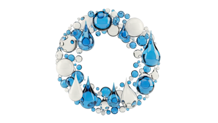 Abstract Wreath of Blue and White Water Droplets and Spheres