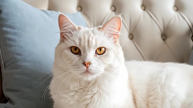 Elegant White Cat Relaxing on a Luxurious Couch with Pillows.