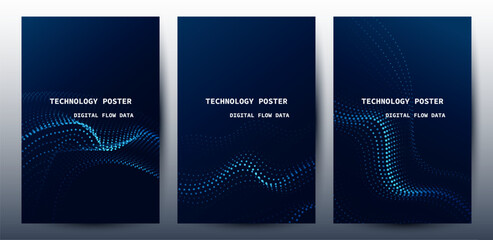 Technology Banner Poster set. Futuristic digital data wave glowing lines. Data science concept tech banner, corporate business presentation or booklet technology © Aneg