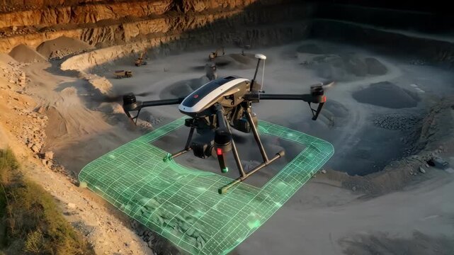 Medium shot of a drone flying over a rugged quarry capturing detailed aerial data for advanced mapping and structural analysis with precision sensors extending below.