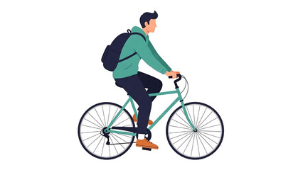 Obraz premium Young man with a backpack rides a bicycle on a white background