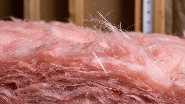 Pink fiberglass insulation wool texture background close up.