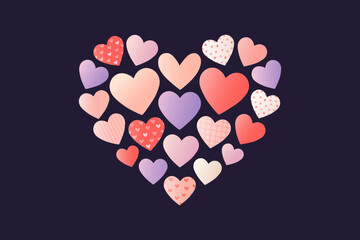 Heart Shape Made of Colorful Pastel Hearts on Dark Background, Romantic Valentine&rsquo;s Day Love Illustration, Modern Cute Heart Composition for Greeting Cards, Posters, Wedding, Anniversary