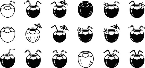 Coconut drink silhouettes vector illustration set, tropical coconut cocktails with straws umbrellas and flowers, black summer beverage icons for beach, bar, menu design