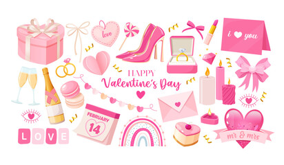 Valentine&rsquo;s Day Elements Set with Gifts, Hearts, Rings, Candles, Champagne, Love Cards and Romantic Decorations &ndash; Pink Holiday Symbols Collection for Wedding, Engagement, Anniversary,  etc.