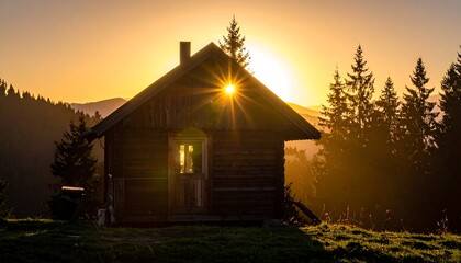 A rustic wooden cabin is silhouetted against a brilliant sunset, with the sun's rays bursting from behind it. The scene evokes tranquility
