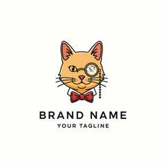 Obraz premium Cartoon Cat with Monocle and Bowtie Logo.