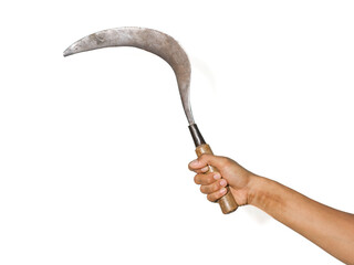 A hand holding a sharp curved knife or "Celurit" on a white background. A traditional farming tool from Indonesia.
