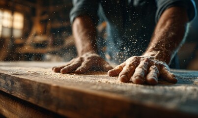 Detailed Sanding Process of a Wooden Surface in a Workshop Setting