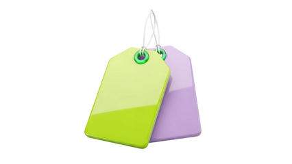 Two shiny gift tags, one lime green and one lavender, on white background