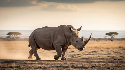 Naklejka premium Grazing Rhinoceros in African Savannah Landscape, Wildlife Photography, Natural Habitat, Wide-Angle View, Wildlife Conservation Concept