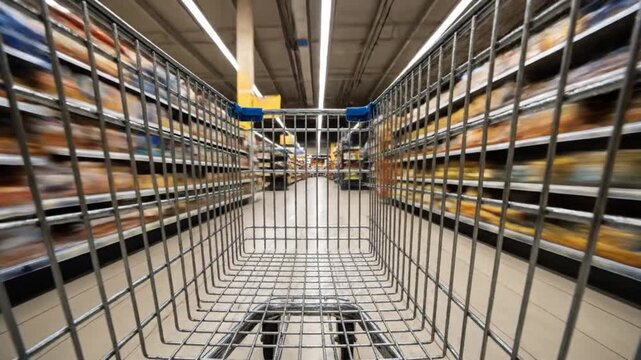 POV hyperlapse of empty shopping cart speeding through supermarket aisle with motion blur